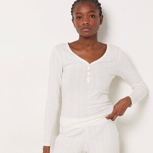 Etam White Ribbed Henley Top – Long Sleeve, Medium